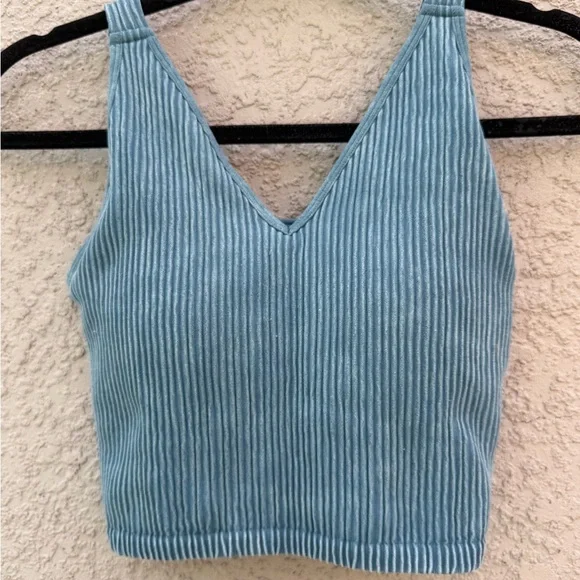 90 Degree By Reflex Ribbed V-Neck Crop Top - Light Blue - Picture 1 of 6
